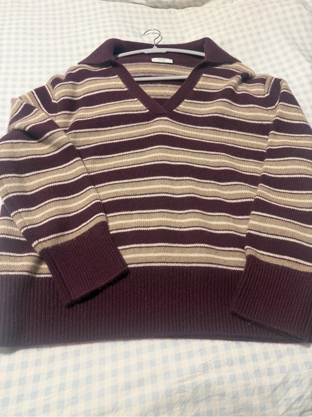 Aritzia Plum and Cream Striped V-Neck cashmere Sweater